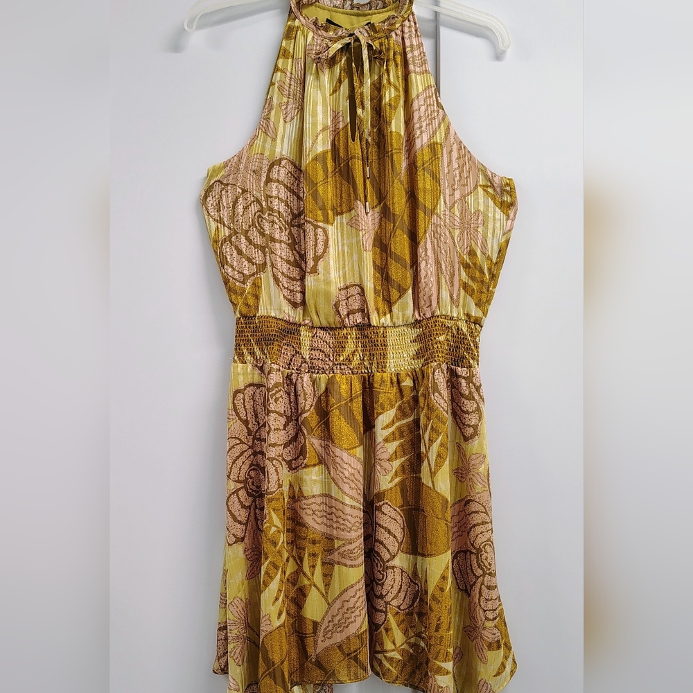 NWT WHBM SHIMMER GOLD V-NECK HALTER BLOUSON DRESS SMOCKED WAIST SIZES 10 & 12